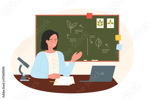 Biology teacher sitting at table with microscope and laptop at school green board vector illustration. Cartoon young woman explaining study material to students, plant leaf drawn on chalkboard