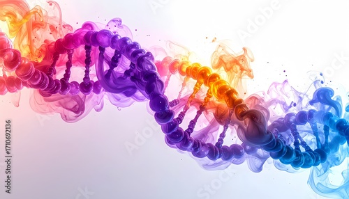 DNA Helix Made of Colorful Smoke and Light Effects on White Background