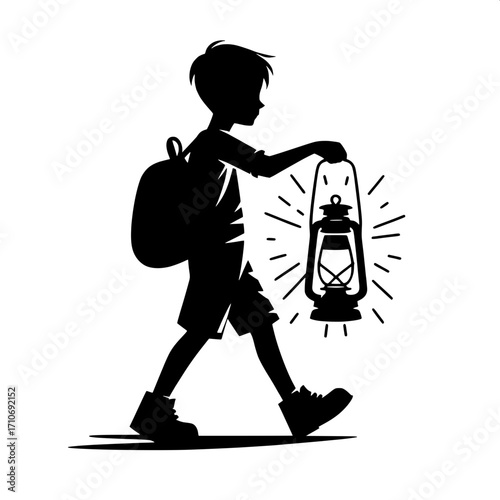 Boy with Lantern Black and White Vector