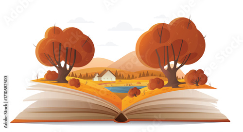Autumn forest landscape on paper pages of open book vector illustration. Cartoon magic fall nature with trees and mountains, water of lake and cute family house, fantasy adventure in storybook