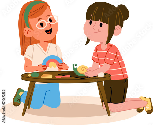 Children Crafting Plasticine Art at Wooden Table