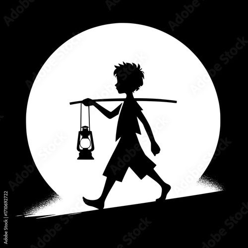 Night Walk with Lantern Boy Vector