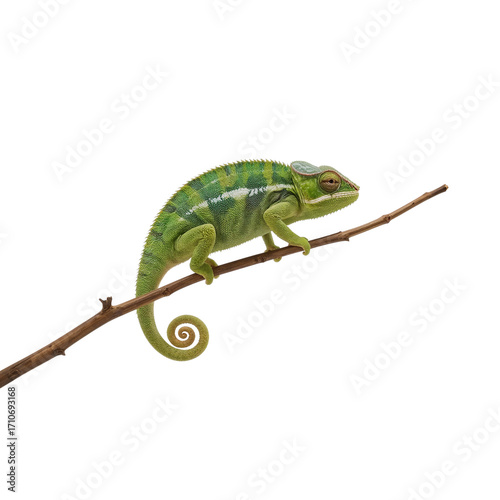 A vibrant green chameleon rests on a bare branch against stark black backdrop