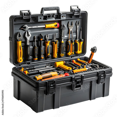 Gray tool case, open, filled with various hand tools, yellow accents
