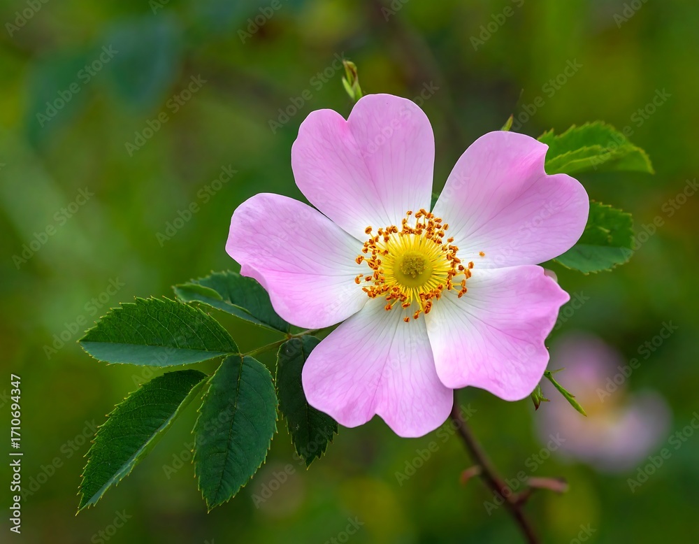 Obraz premium Close-up of a delicate, vibrant pink dog rose flower with lush green leaves, showcasing the intricate details of its petals and stamen against a blurred, natural background.
