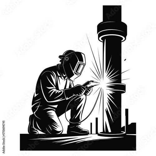 Metal fabricator welding pipes at construction site silhouette vector isolated in black and white