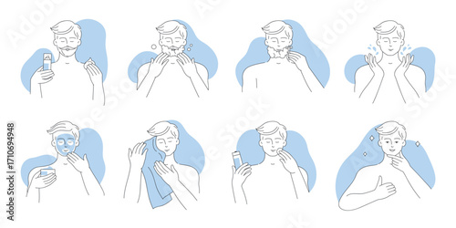 Skin care for men set vector illustration. Cartoon isolated line icons of facial skincare beauty routine, male characters shave beard with shaving gel or mousse, use aftershave lotion, spa mask
