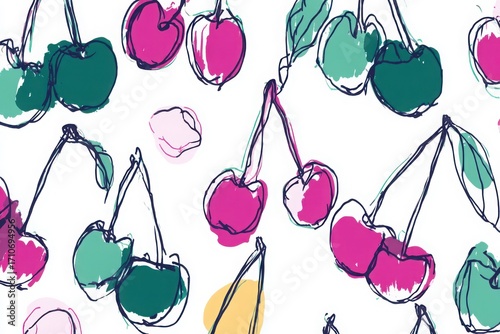 Colorful hand-drawn cherry pattern with vibrant pink and green hues on a white background