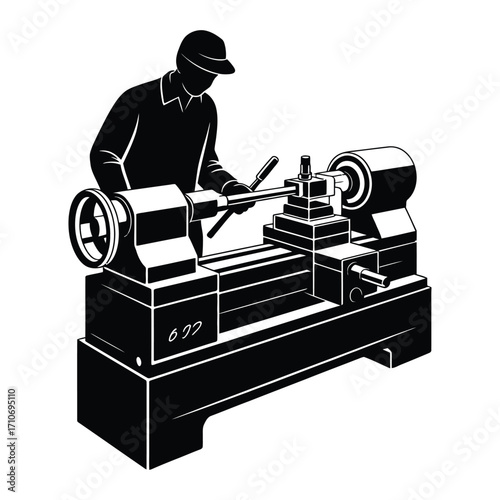 Metal lathe machine with operator silhouette vector isolated in black and white