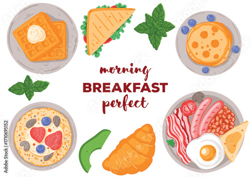 Breakfast, brunch vector illustration. Hand drawn flat food style. Top view. Menu, package, logo, design template.