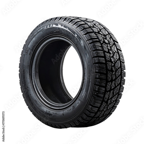 Black tire, tread pattern visible, isolated on black background