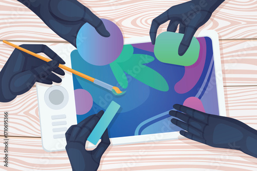 Artwork creation and design with AI vector illustration. Cartoon robot hands holding brush, chalk and eraser to draw on graphic tablet, top view of image generation by artificial intelligence