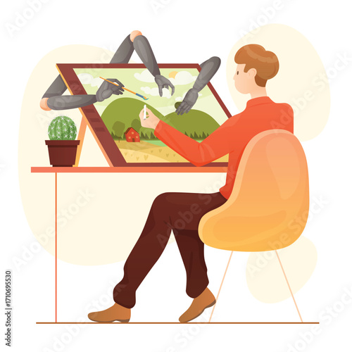 Automation of artwork creation, AI generated art vector illustration. Cartoon artist character sitting at table to draw creative artistic drawing on tablet together with help of smart robot assistants