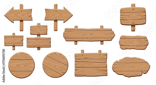 Collection of Cartoon Wooden Signboards and Directional Arrows with Wood Grain Texture.
