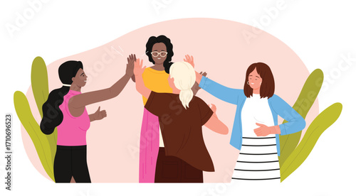 Happy female friends give high five together vector illustration. Cartoon team of young women with joy showing positive gesture of trust and support, friendship and sisterhood, meeting of girlfriends