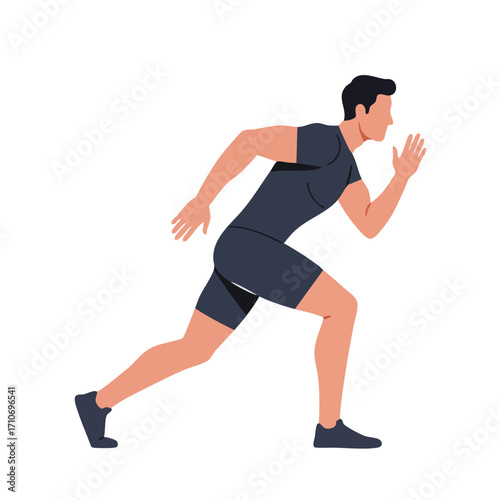 A determined male athlete in dark sportswear is captured mid-stride, showcasing his powerful sprint start against a clean white background.