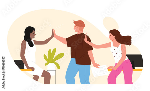 Happy male friends give high five together vector illustration. Cartoon team of young people with joy showing positive gesture of trust and support, friendship and meeting