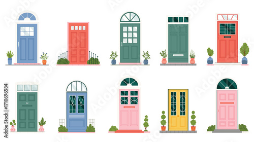 Entrance doors to house set vector illustration. Cartoon isolated outside front view of different wooden doors to home apartment or office with glass window and doorway, doorstep and plant decoration