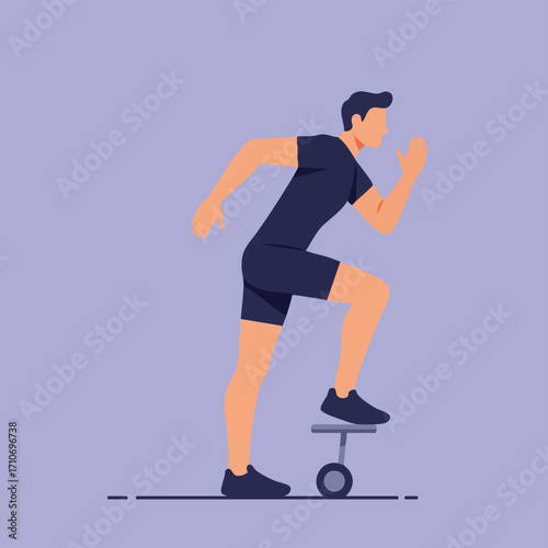 A determined male athlete in modern athletic attire performs a dynamic step-up exercise, illustrating fitness, health, and a commitment to physical well-being.