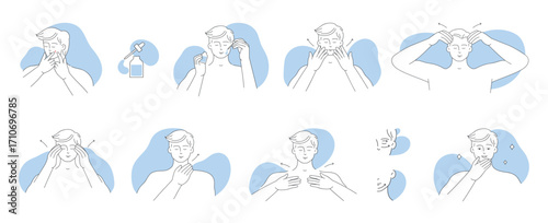 Man face massage, infographic icons set vector illustration. Cartoon male characters apply serum for moisturizing and massage skin along lines, step by step guide collection for skincare routine