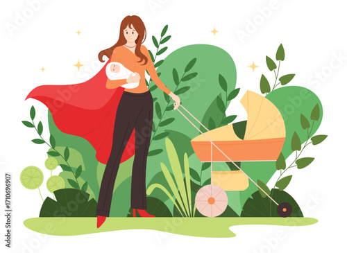 Superhero mom vector illustration. Cartoon strong young woman wearing red cape of superwoman, busy mother holding newborn baby and pushing stroller, pose of best supermom with proud and confidence