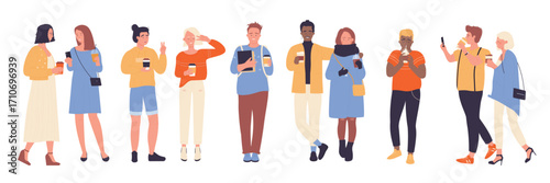 People drink takeaway coffee set vector illustration. Cartoon isolated happy male and female characters standing and walking with cups, adults meeting for coffee break and conversation outdoor