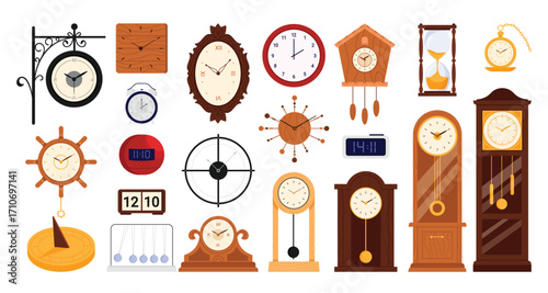 Clocks and watches set vector illustration. Cartoon isolated various types of modern digital and analog clocks collection, different models of timer and hourglass, cuckoo and antique tower with bell