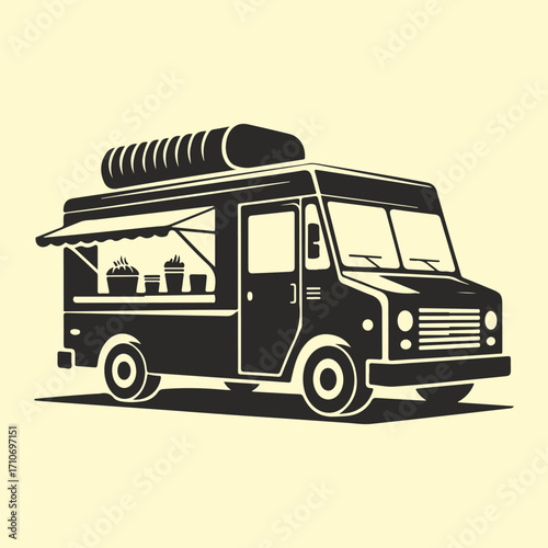 Retro food truck silhouette graphic. Mobile catering van vector icon for a restaurant business concept