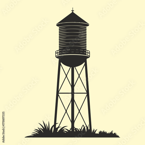 Vintage industrial water tower silhouette with a steel trestle, isolated vector graphic design element