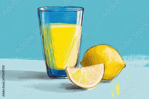 Colorful illustration of a glass of lemonade with lemon slices on a blue background