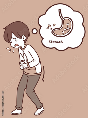Young person feeling unwell with stomach pain and nausea, thinking about their digestive system