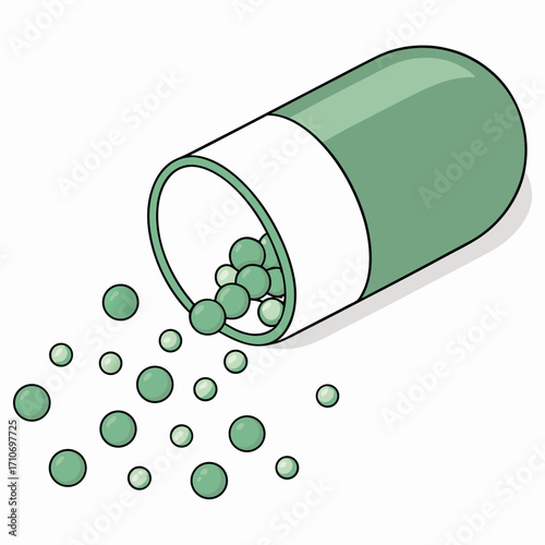 Green capsule spills out small round pills, representing health, medicine, and wellness concepts.