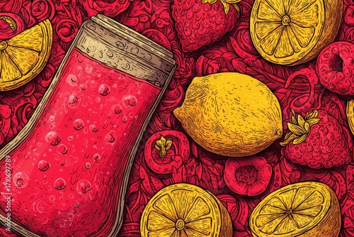 Colorful illustration of a refreshing drink surrounded by lemons and strawberries on a vibrant background