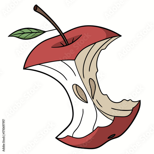 Illustration of eaten red apple core with stem and leaf vector graphic design for food and healthy eating