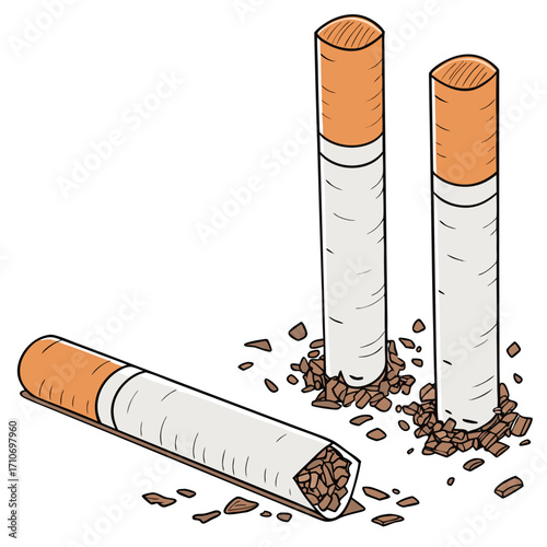 Illustration of cigarette butts smoking addiction nicotine waste tobacco ash unhealthy habit quit smoking