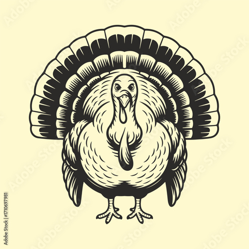 Stylized vector graphic of a male tom turkey in a retro engraving style for a Thanksgiving theme