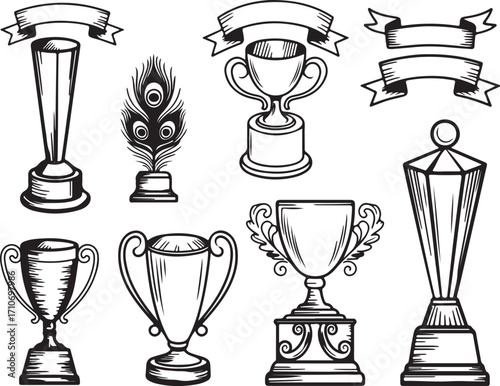 Engraved Trophy and Award Collection with Ribbons and Emblems for Sporting Achievements