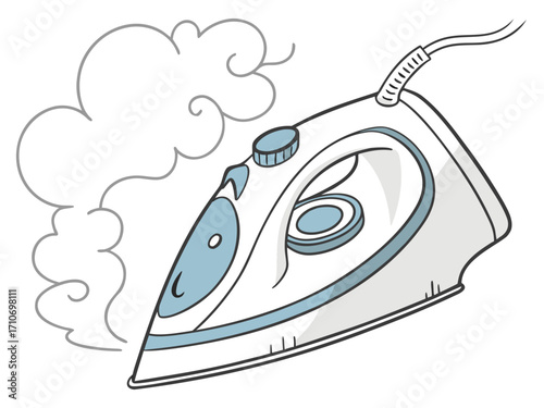 Illustration of a steaming iron for clothes ironing laundry service and household appliance use with heat
