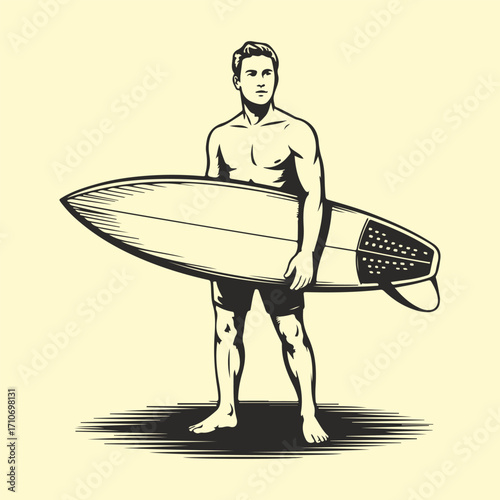 Athletic man holding a surfboard in a retro woodcut style vector illustration for water sports