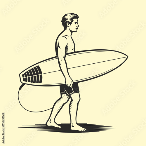 Dynamic monochrome illustration showcasing a youthful male surfer confidently walking with his board, embodying vintage beach culture and a healthy, adventurous ocean lifestyle