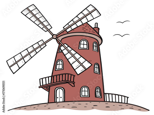 Illustration of a vintage windmill drawing with blades and birds flying in the sky on a white background