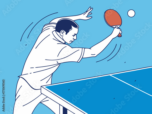 Illustration of a man playing table tennis ping pong with paddle and ball in a blue and white color scheme