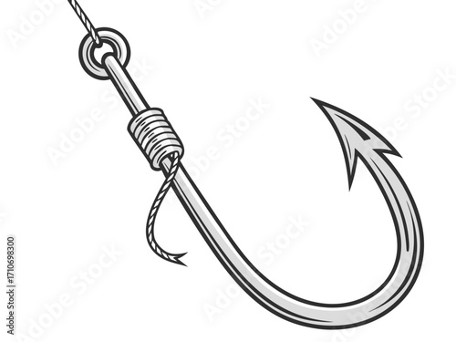 Detailed illustration of a fishing hook with a sharp barb and attached line ready for angling