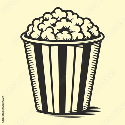 Classic Striped Popcorn Bucket Illustration A Vintage Vector Graphic for Entertainment and Snack Concepts