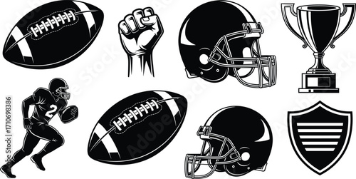 American football vector set with player, helmets, ball, trophy, shield emblem, clenched fist — sports icons in black silhouette style