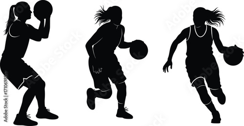 Basketball player silhouette vector set — shooting stance, dribbling motion, running pose in black sports illustration for athletic design use