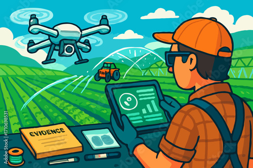 Farmer using a drone and tablet to monitor crops, a modern agricultural technology and smart farming illustration.