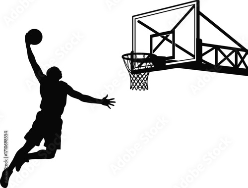 Basketball slam dunk silhouette vector — airborne player with ball, hoop, net, backboard in dynamic black sports action illustration