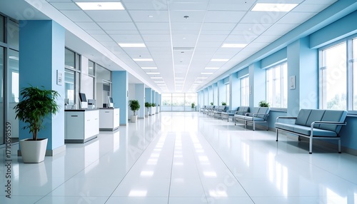 Modern hospital hallway with light blue walls and white flooring