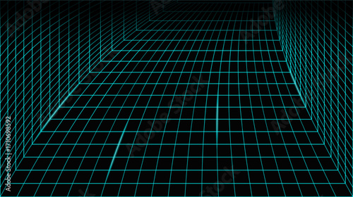 Cyberpunk Grid Room Glowing Line Background. 3D Game Neon Wireframe Space Digital Vector Texture Perspective Tunnel. Retro Futuristic Virtual Techno Landscape. Cyberspace Abstract Matrix VR Wallpaper